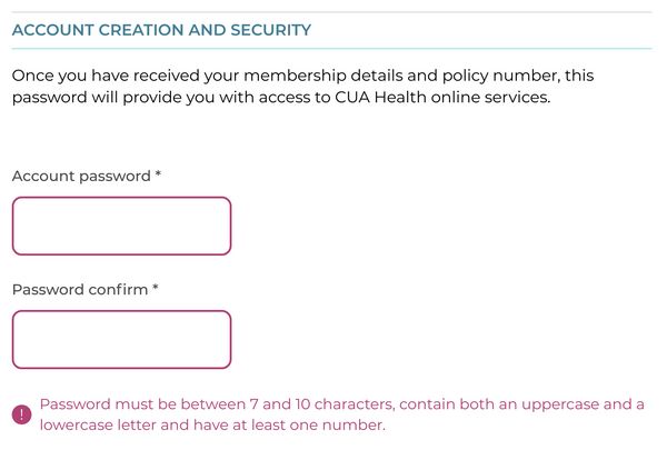 Credit Union Australia (CUA) Health dumb password rule screenshot